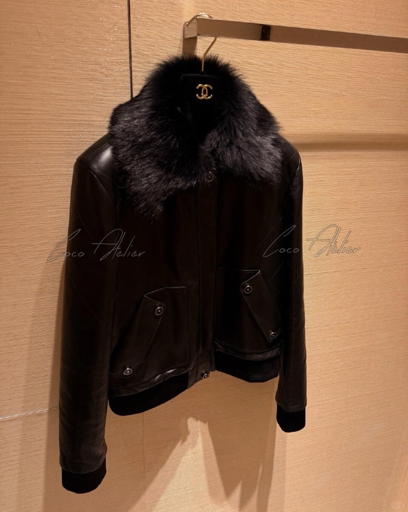 CC fur trim leather Jacket
